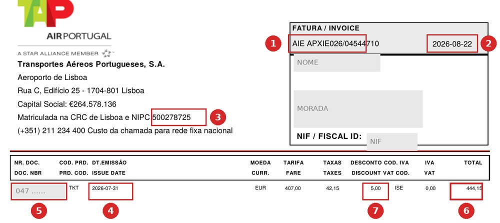 Primera página de la factura AIE APXIE026_….pdf que TAP envía a petición. De aquí salen el número, las fechas y el NIF de la aerolínea.