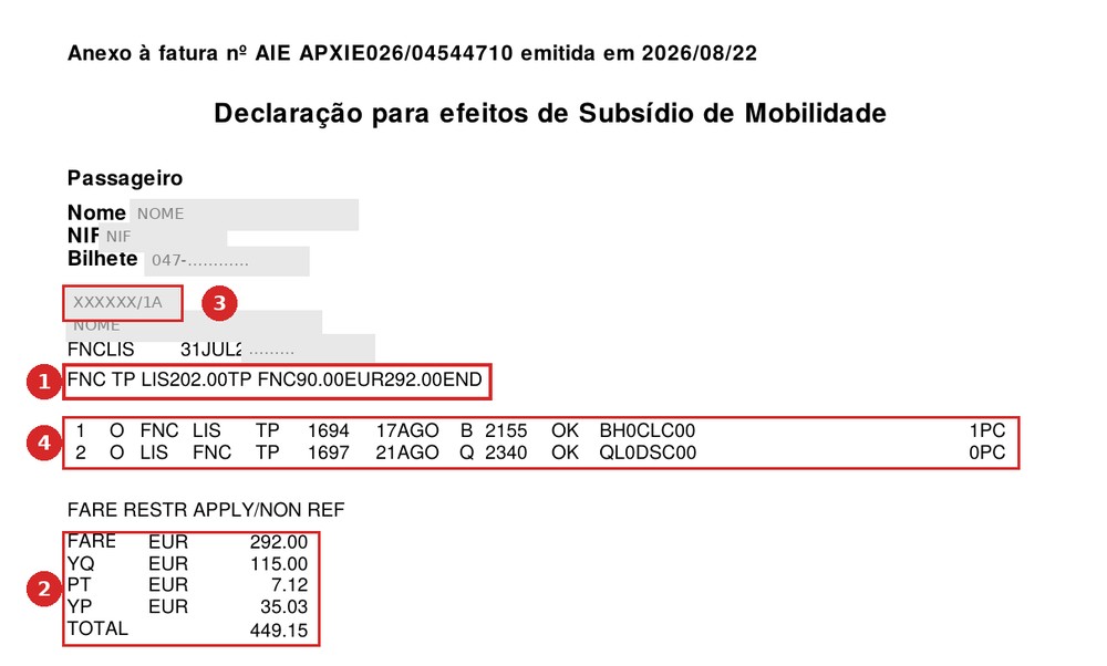 Segunda página de la factura — Declaração para efeitos de Subsídio de Mobilidade. Las siete cifras están aquí.