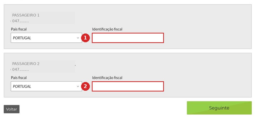 Screen 3 — Informação fiscal, one block per passenger